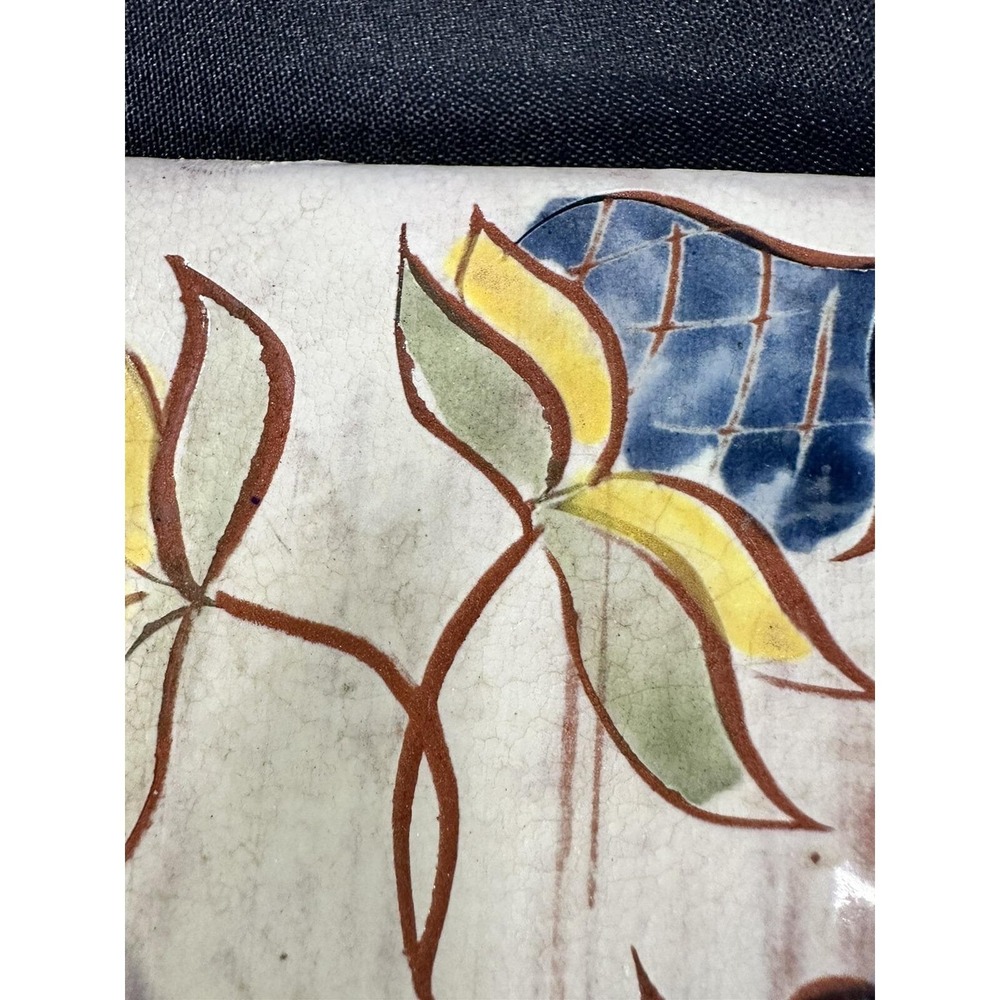 Vintage Welden Redware Tile Trivet PA Dutch Folk Art Floral Signed 6" - Picture 3 of 16
